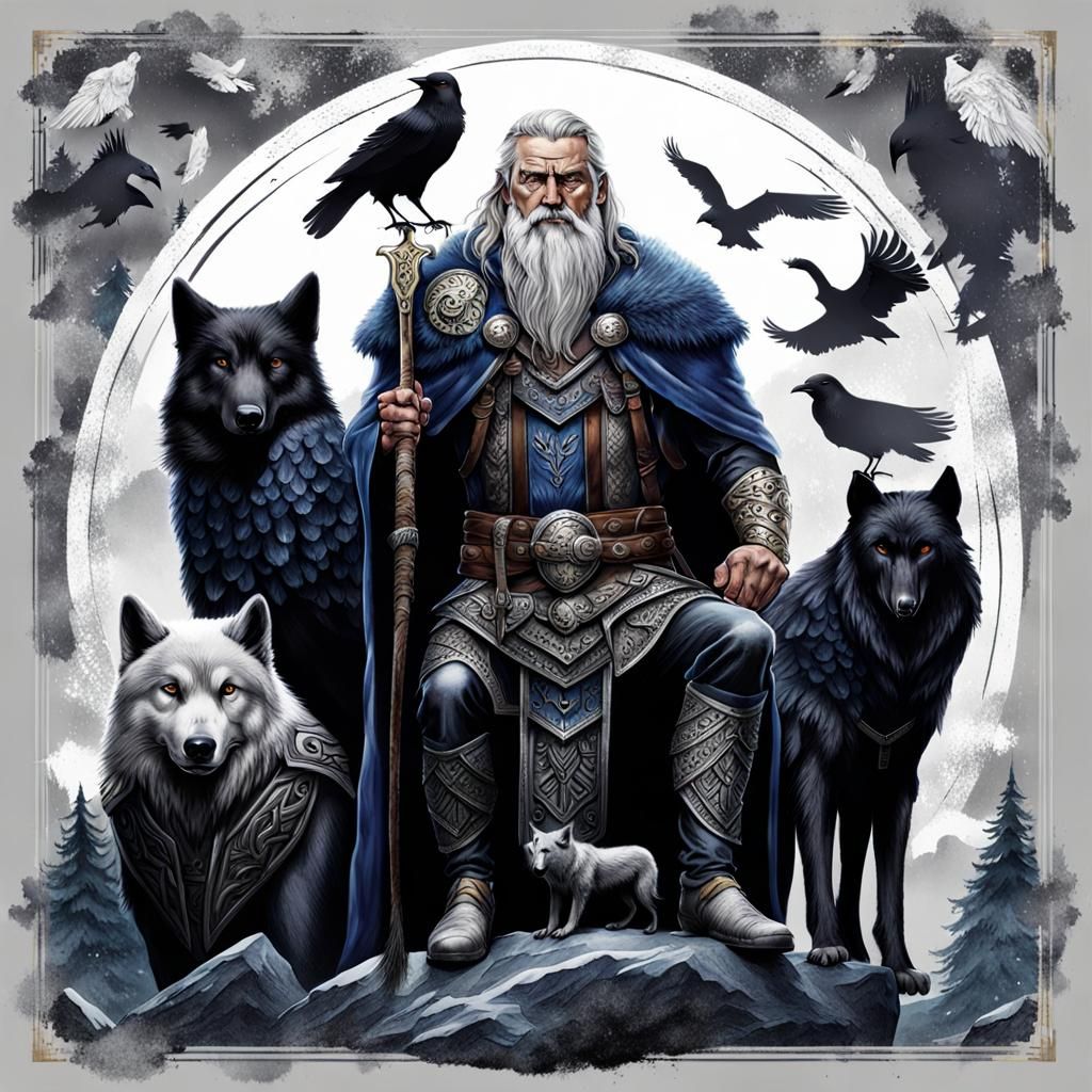 Realistic Odin with Wolves and Ravens