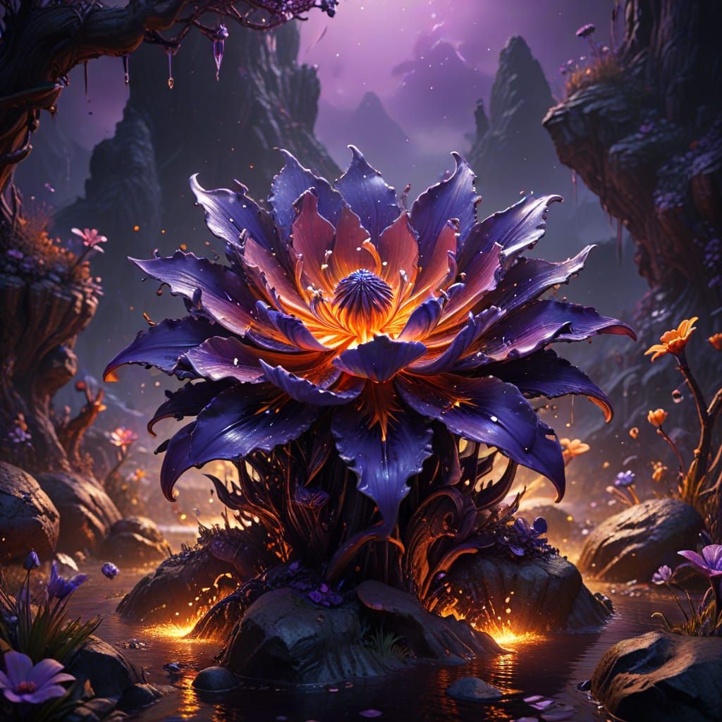 Vibrant Alien Oasis in Dark Fantasy Landscape