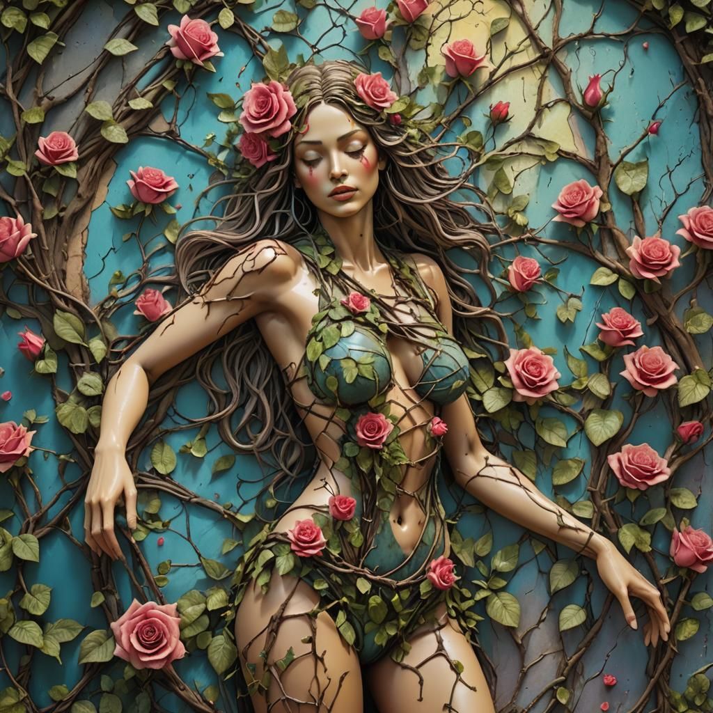 Hyperrealistic Rose-Covered Woman in Sci-Fi Style