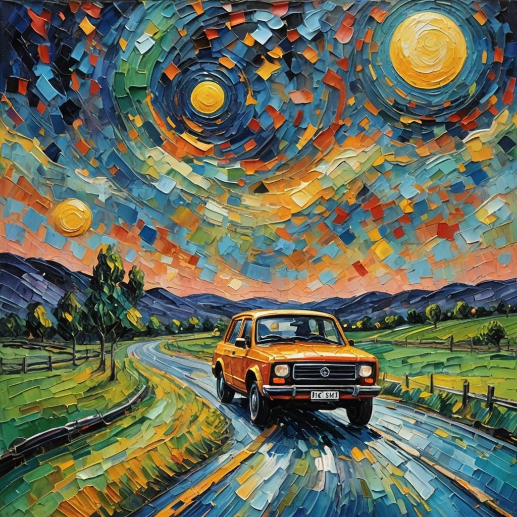 Driving to the Moon: An Expressionist Oil Painting