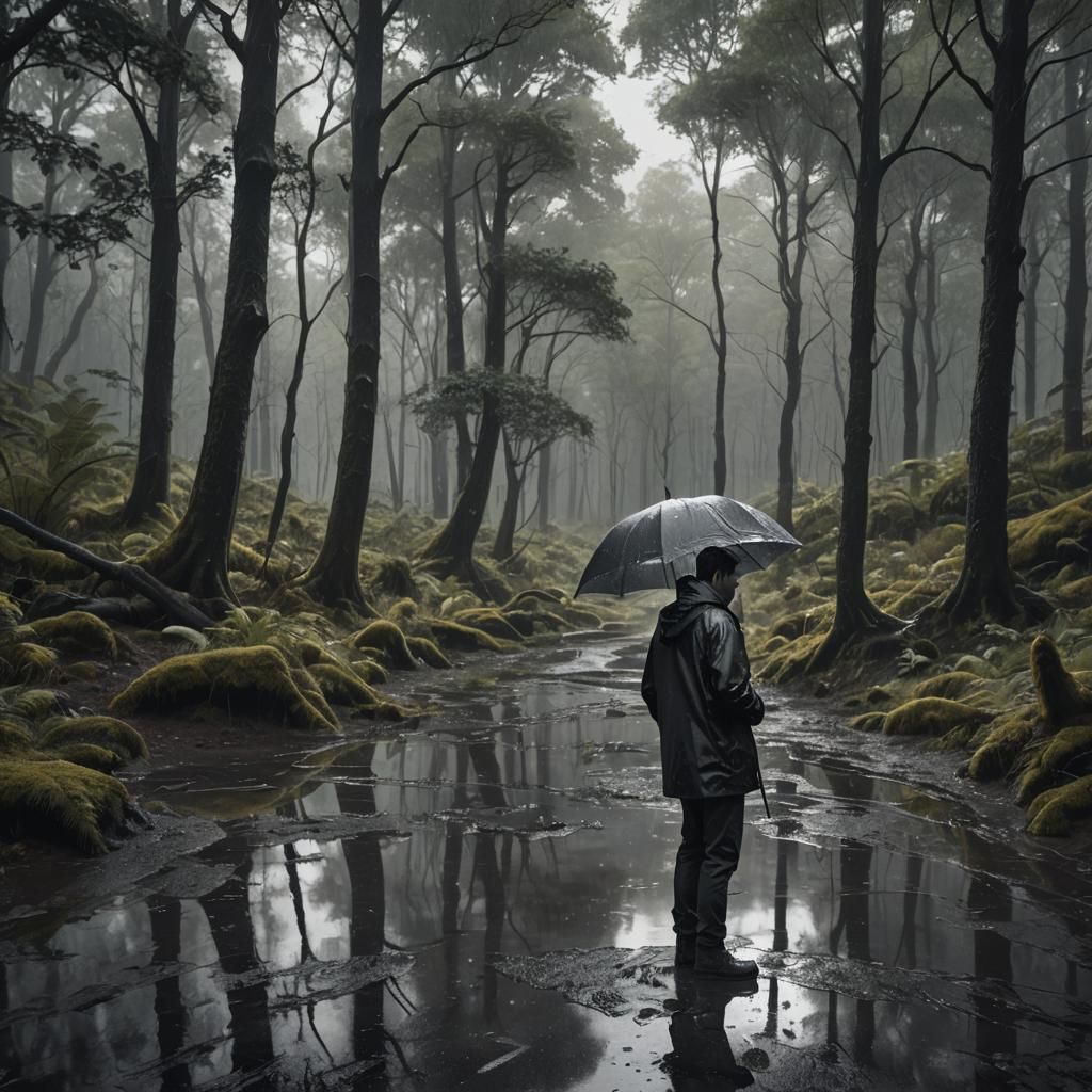 Monochrome Forest Scene with Man and Puddle