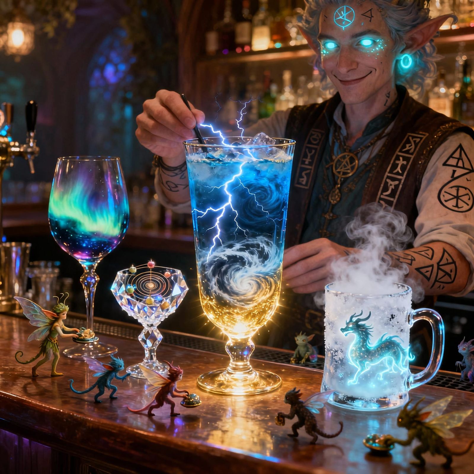 Magical Bartender's Table with Enchanted Cocktails