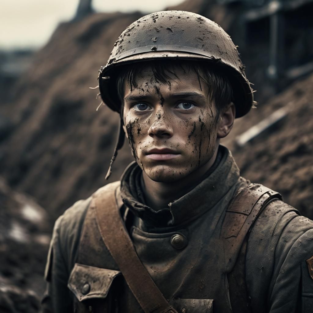 Young Soldier in Muddy Trench: Cinematic Film Still
