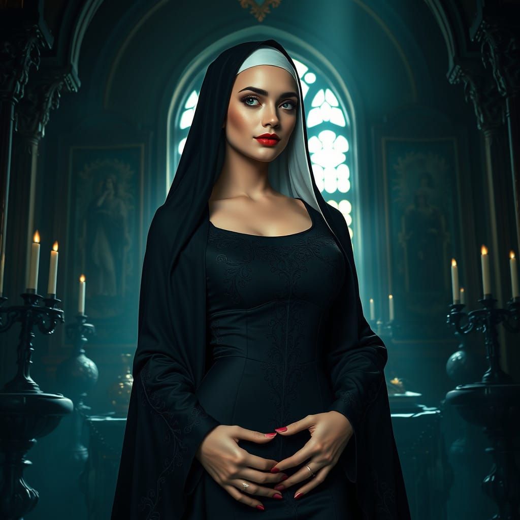 Seductive Nun at Ancient Altar, Dark Fantasy in Hyper-Realis...