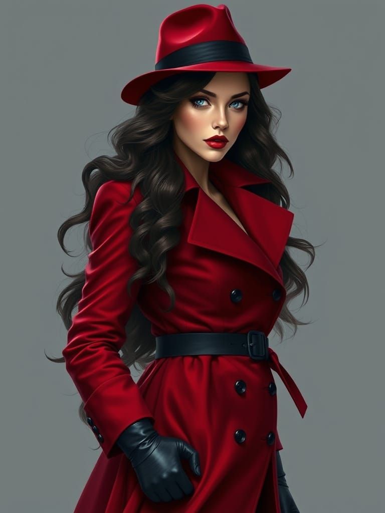 Glamorous Adventurer in Red Trench Coat and Fedora