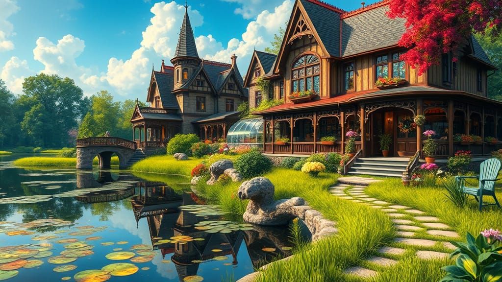 Majestic Mansion and Coffee Shop by a Serene Pond in Vibrant...