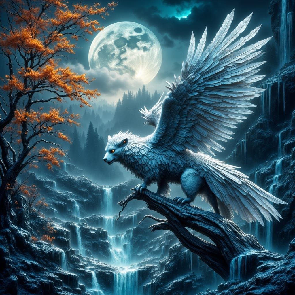 Majestic Griffin-Like Creature in Moonlit Mountain Landscape