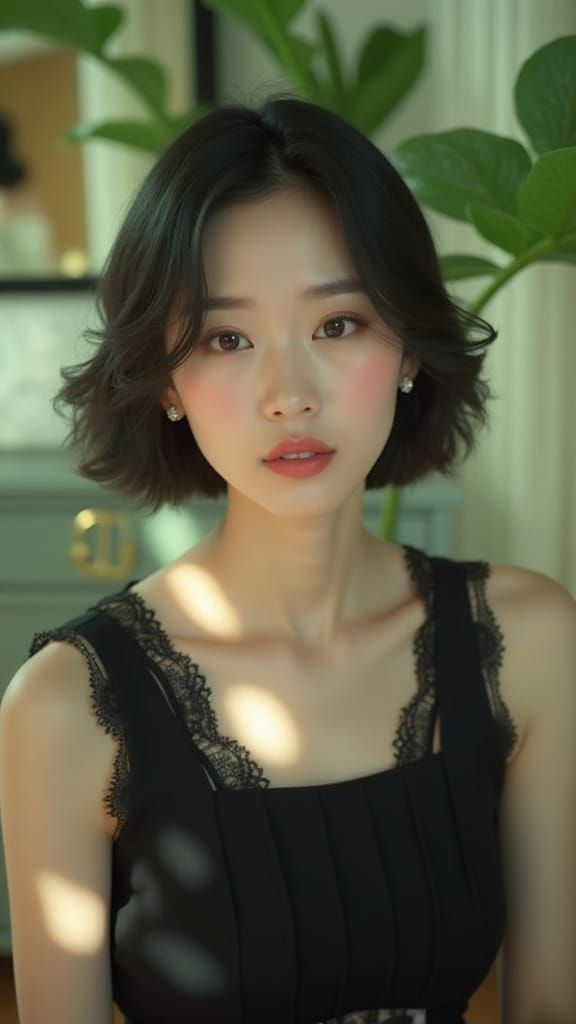 Elegant East Asian Woman in Lace Dress Holding Champagne