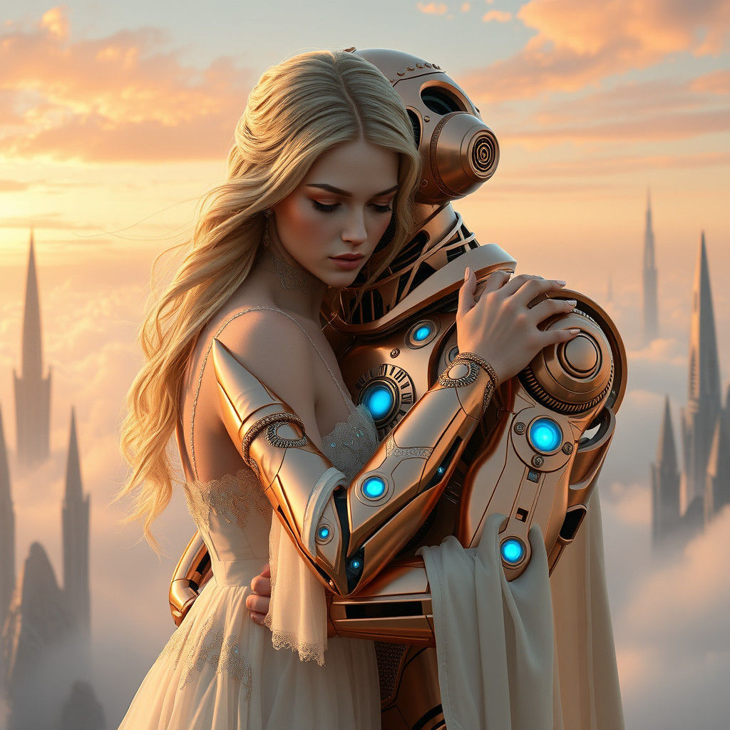 Blonde Embraces Robot in Dreamlike Sci-Fi Landscape
