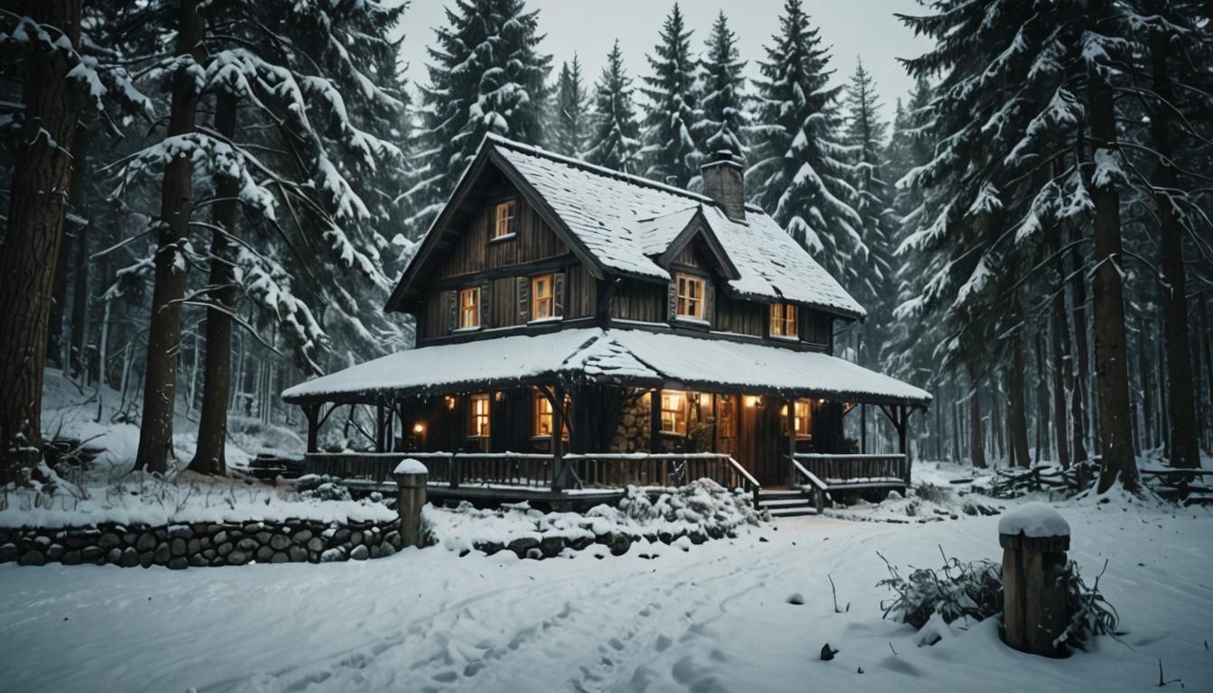 Cozy Rustic Cottage in Snowy Forest, Cinematic Still