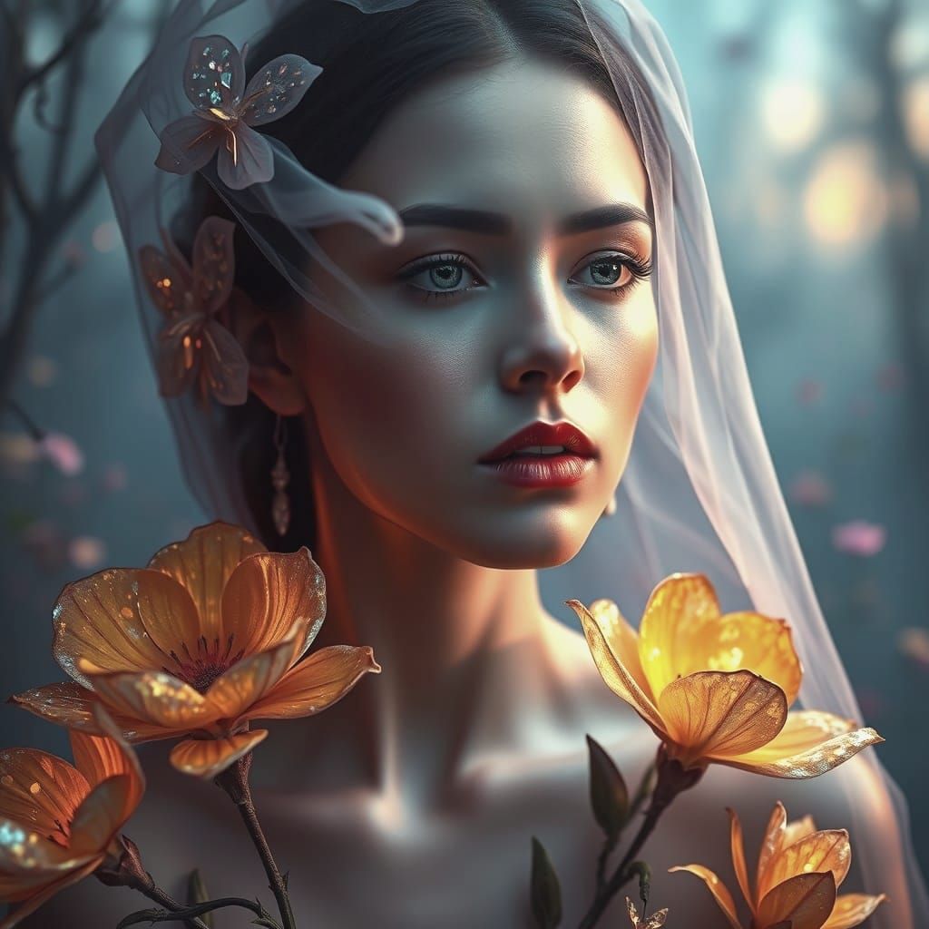 Ethereal Blue Woman in Swampy Holographic Dreamscape