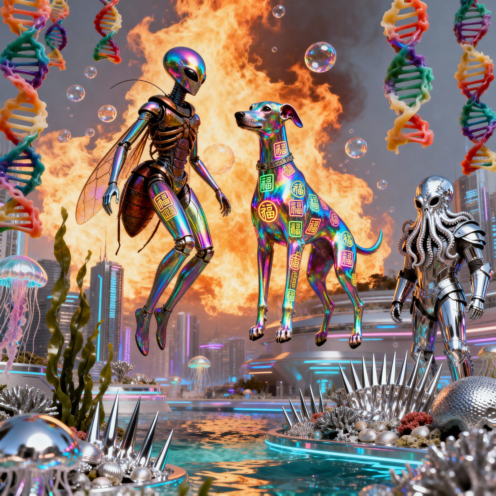 Futuristic Aliens in Luminous Metropolis