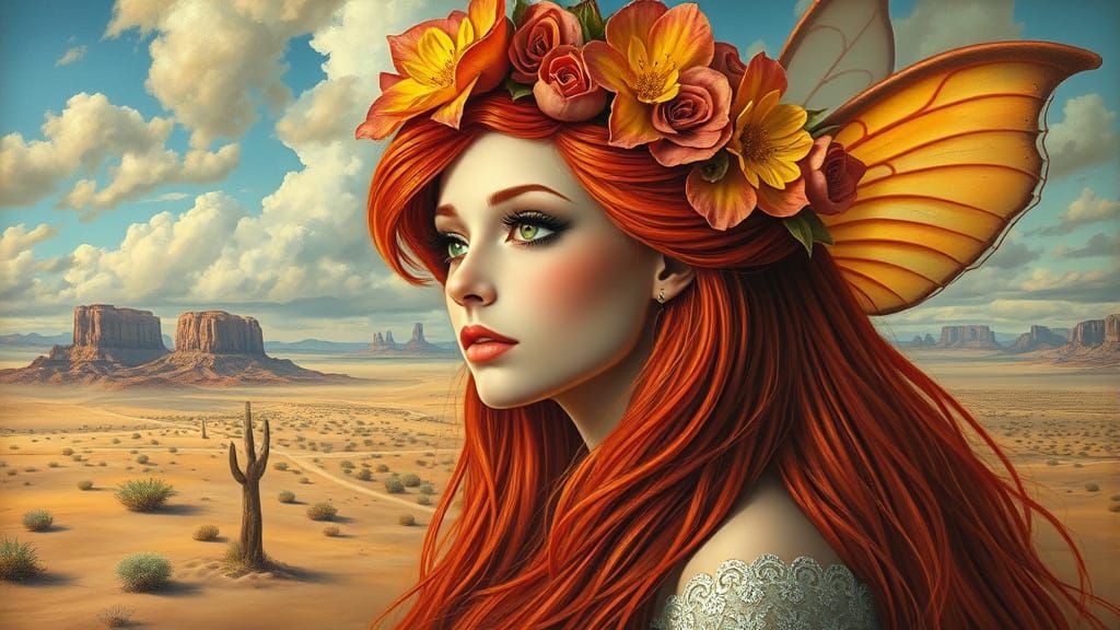 Surreal Fairy with Red Hair and Flower Crown