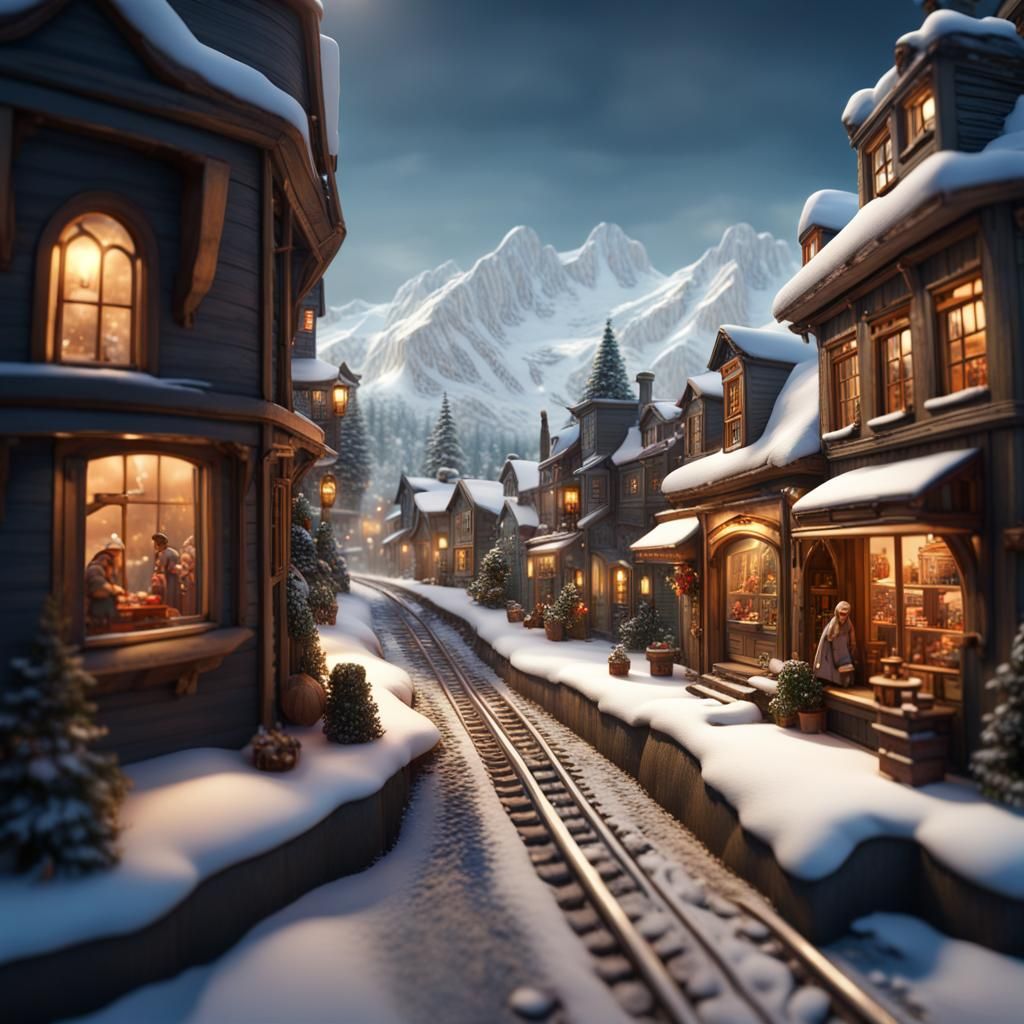 Miniature Village in Shop Window, Detailed Matte Painting