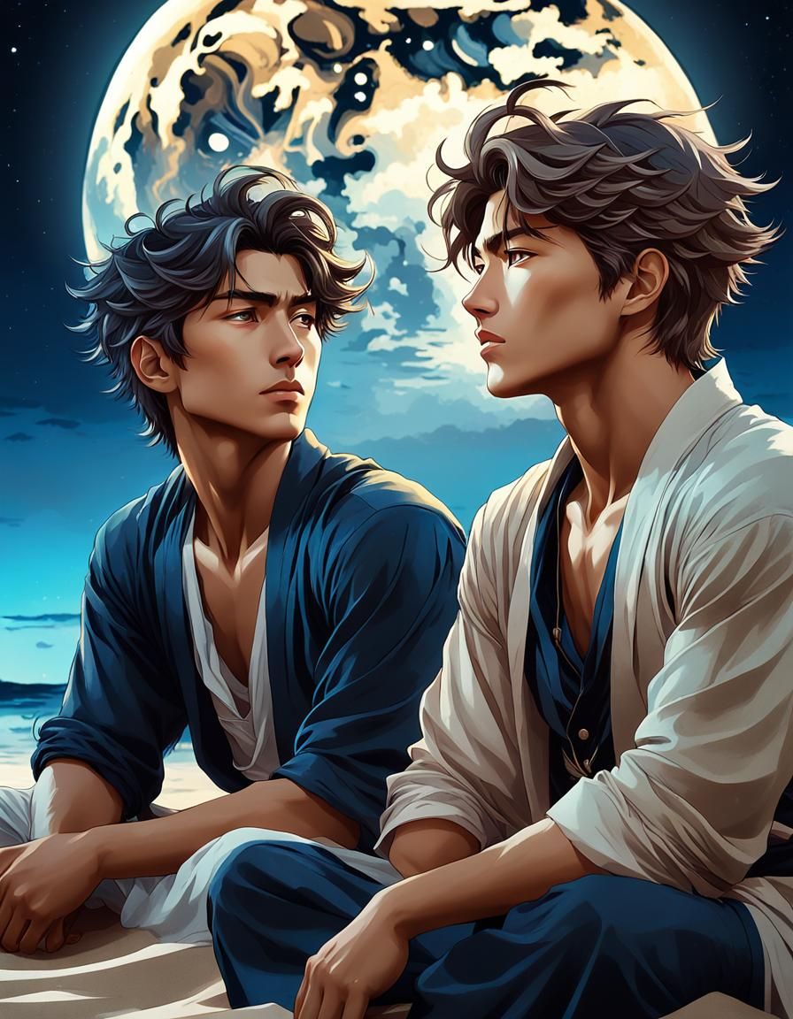 Boys on Beach in Anime Style Under Moonlight