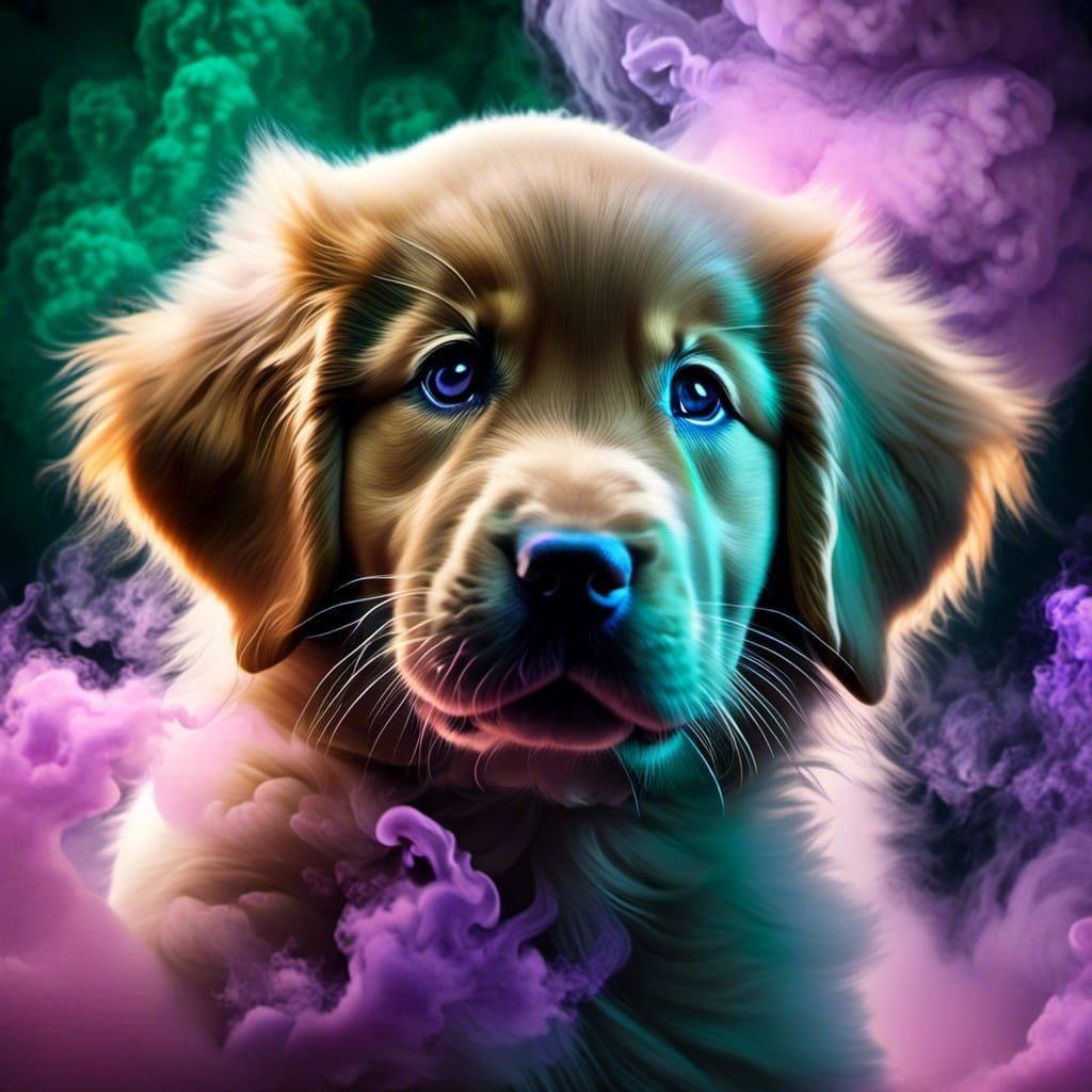 Fuzzy Golden Retriever Puppy in Rising Smoke