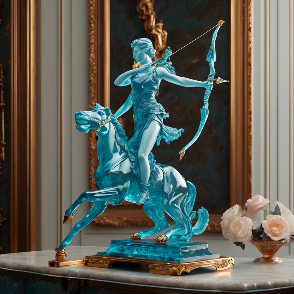 in the shape of artemis that strikes an arrow. the lamp is made of a <lora:Dreamshaper:1.0> aquamarine and the tip of th...