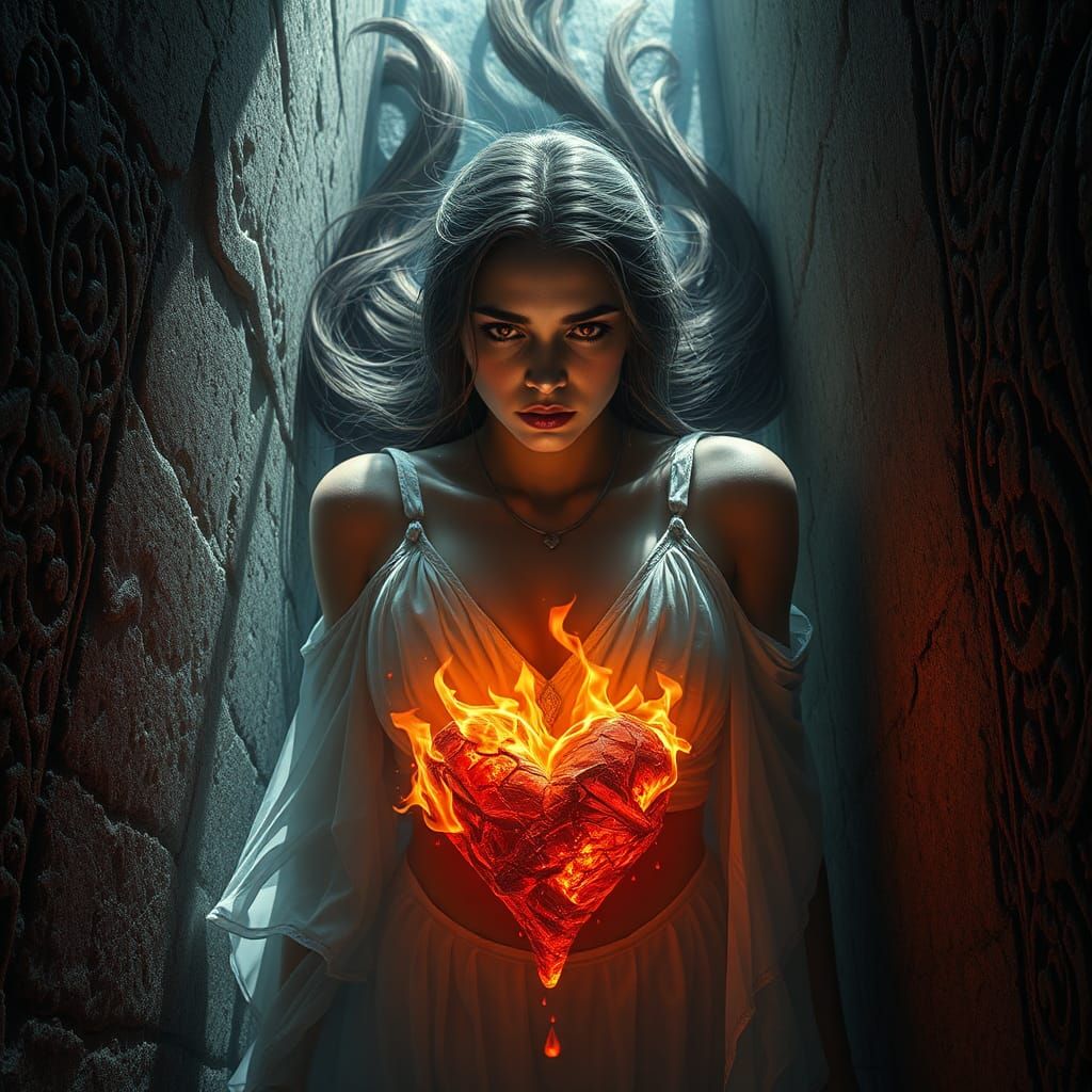 Woman Falling with Burning Heart: Concept Art