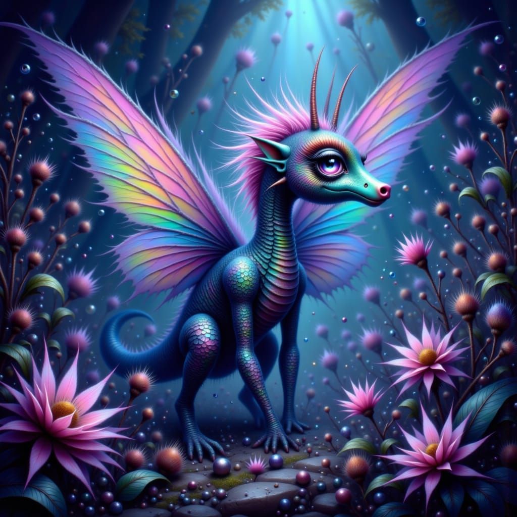 Fantastical Creature in Bioluminescent Forest Digital Painti...