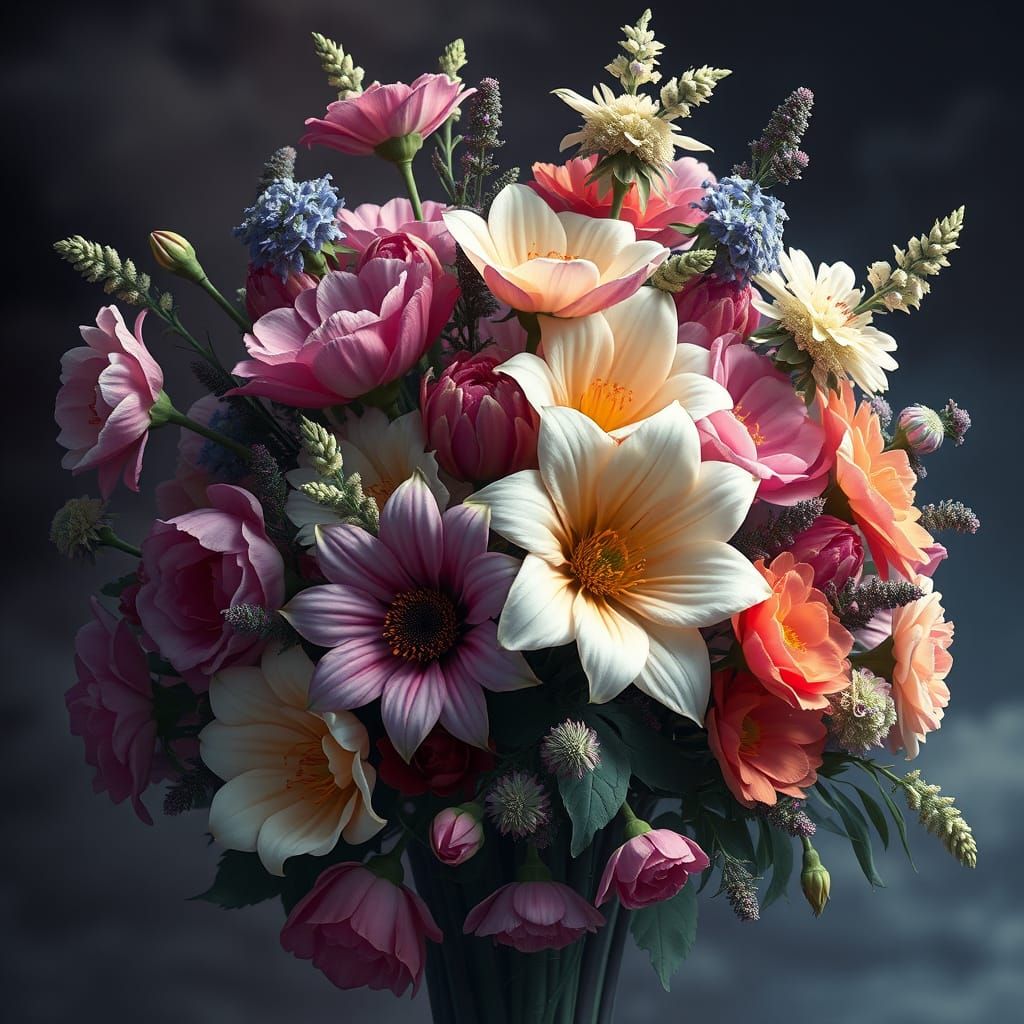 Majestic Floral Bouquet: Dramatic Digital Painting