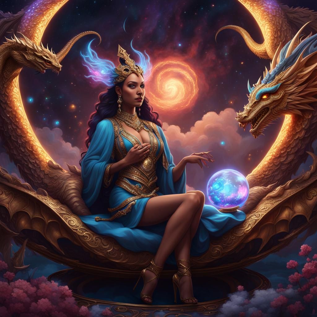 Goddess Lounging on Clouds with Dragons