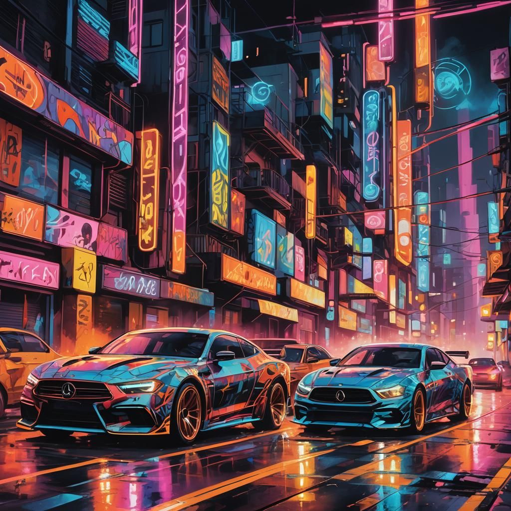 Luxury Cars Racing Through Neon Streets in Street Art Style