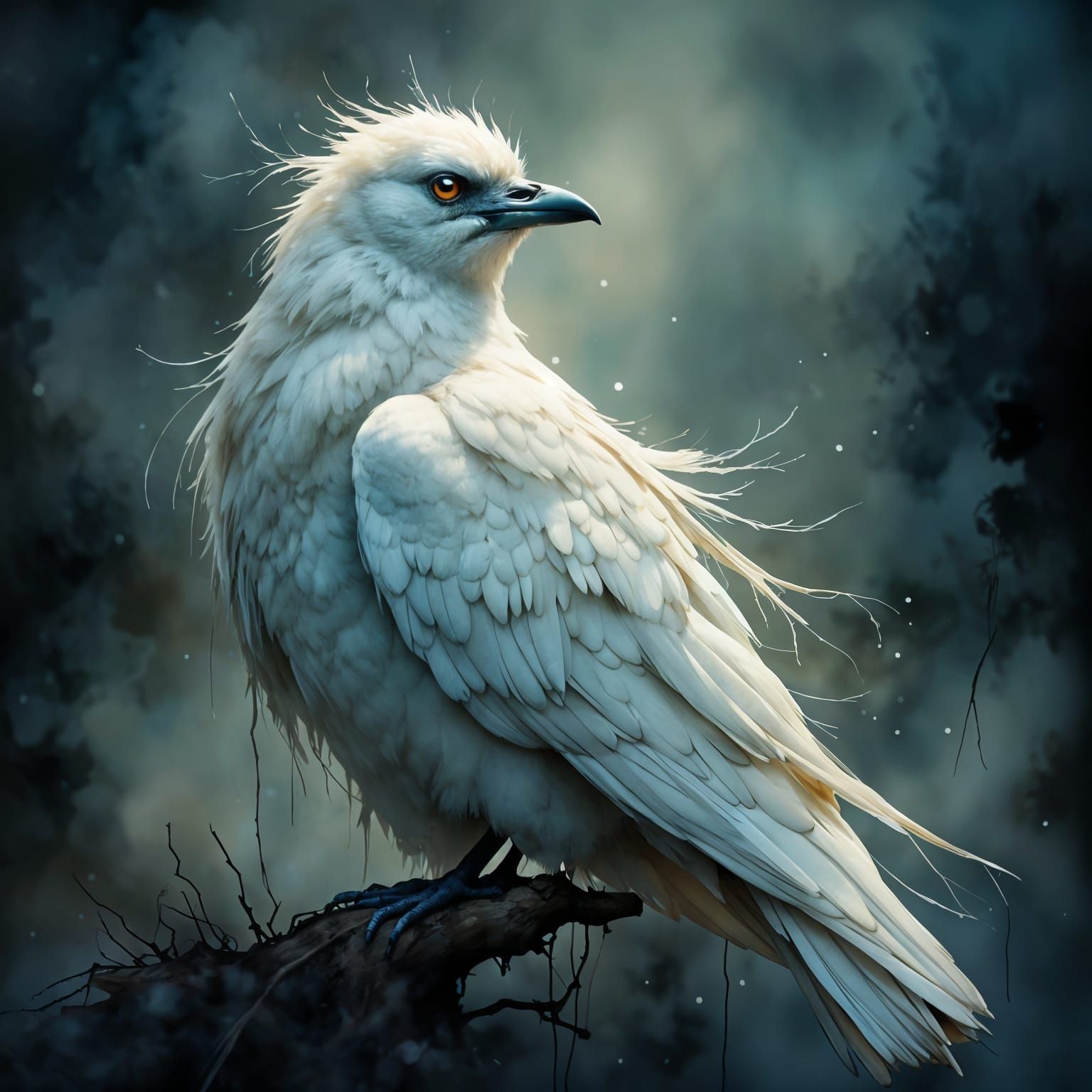 Ethereal White Raven in Misty Forest, Painterly Style