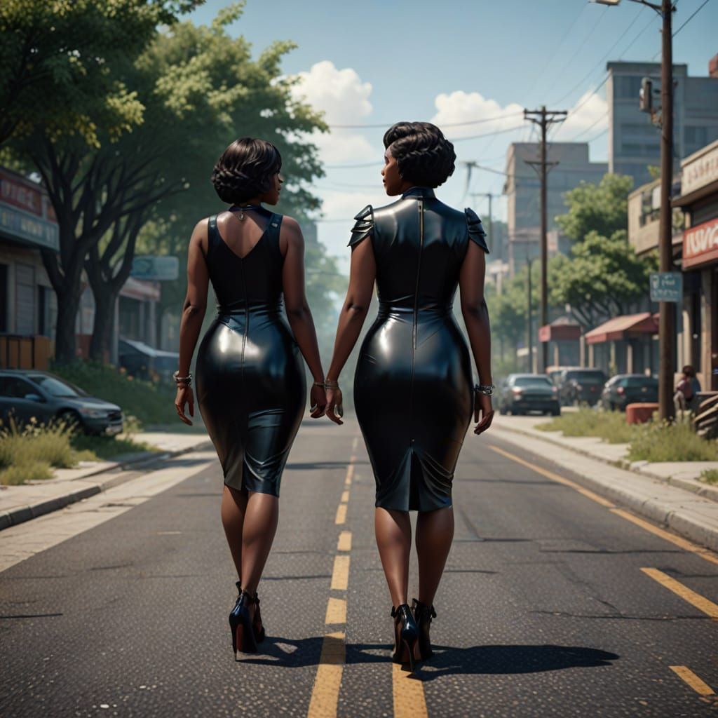 Sultry Ebony Goddesses Stroll in Shimmering Latex Dresses