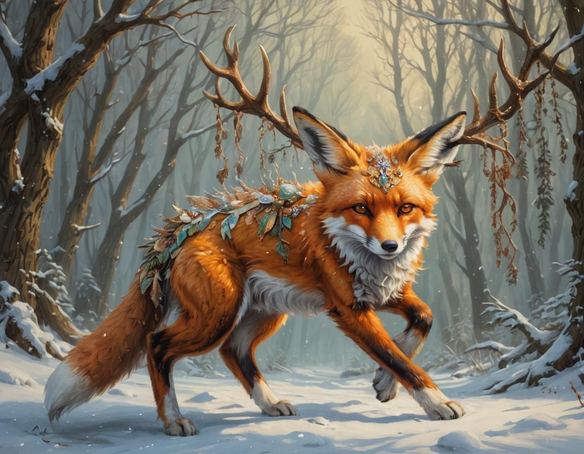 Fantasy Fox with Antlers, Oil Painting Style