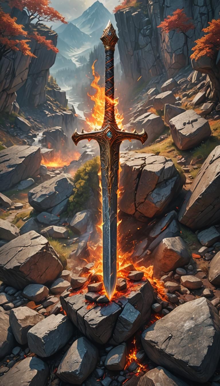 Epic Fire Sword in Stone, Hyperrealistic Art