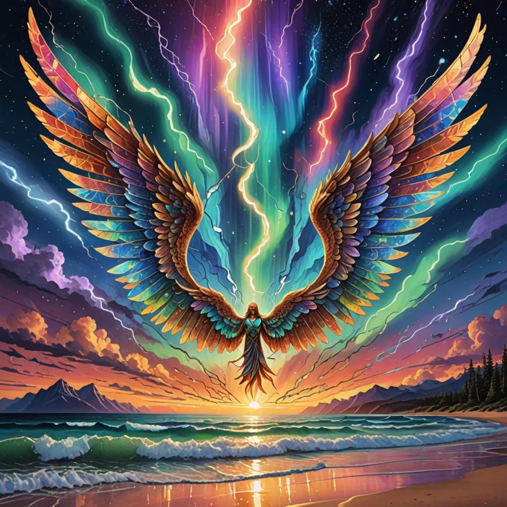 Angels with Vibrant Stained-Glass Wings Amidst Celestial Sto...