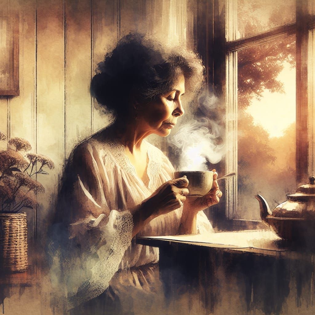 A middle-aged housewife is sitting by the window drinking tea