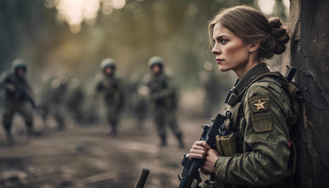 Female Soldier on Battlefield: Cinematic Photo