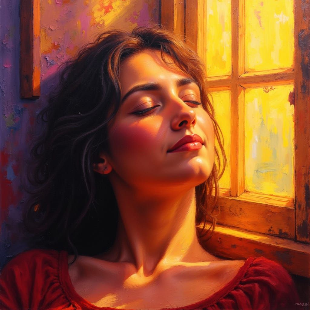 Joyful Contemplation in Golden Hour Sunlight