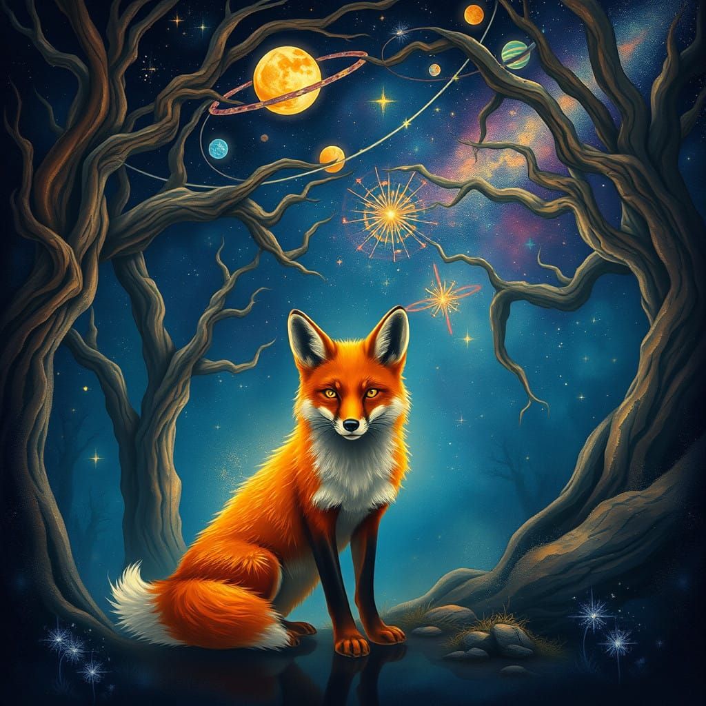 Mystical Fox in a Celestial Forest