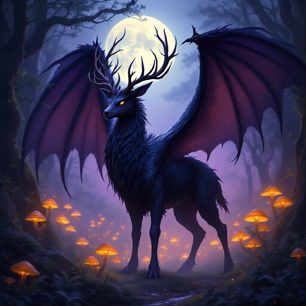 Majestic Black Dragon-Deer in Moonlit Elven Woods