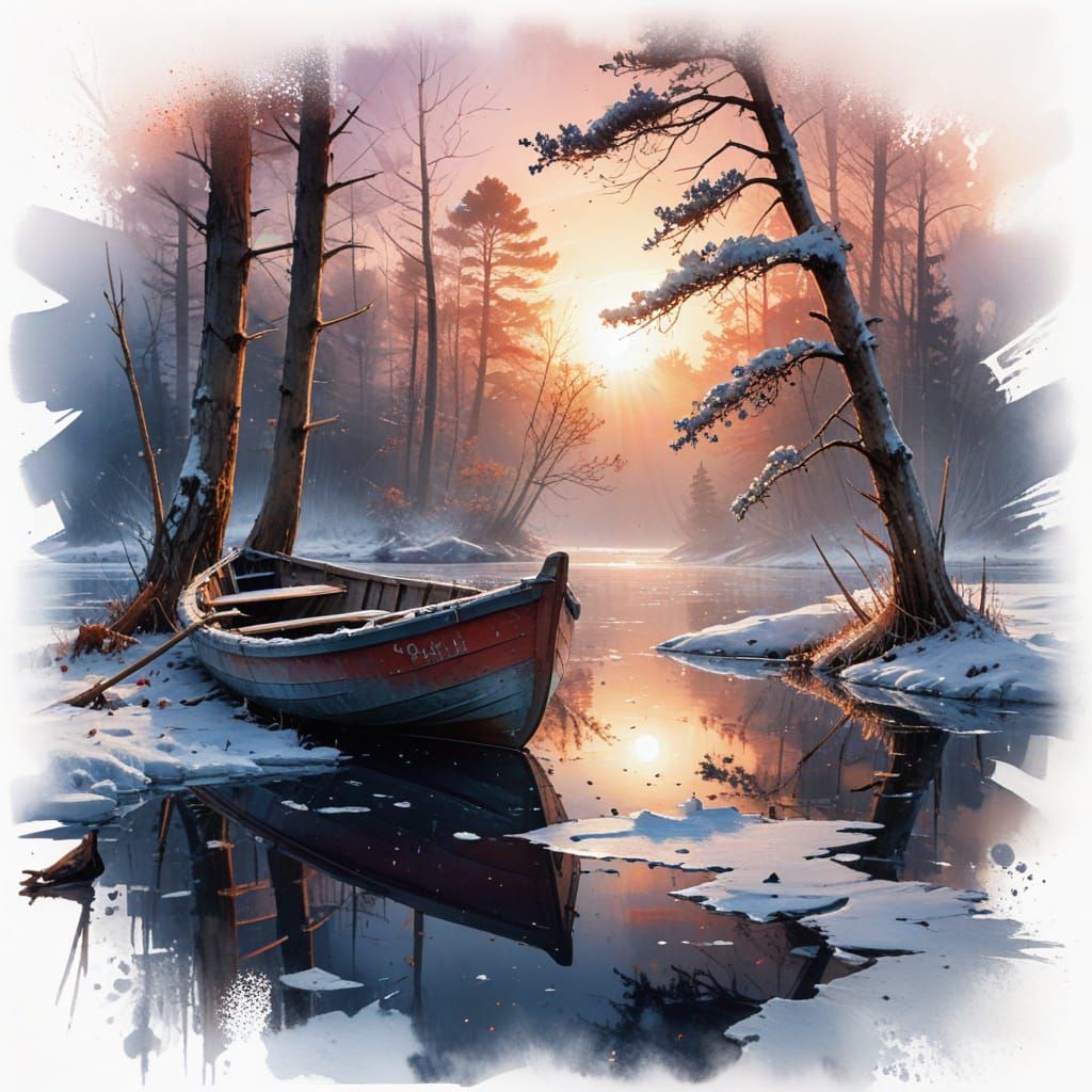 Forgotten Rowboat Frozen in Winter Lake