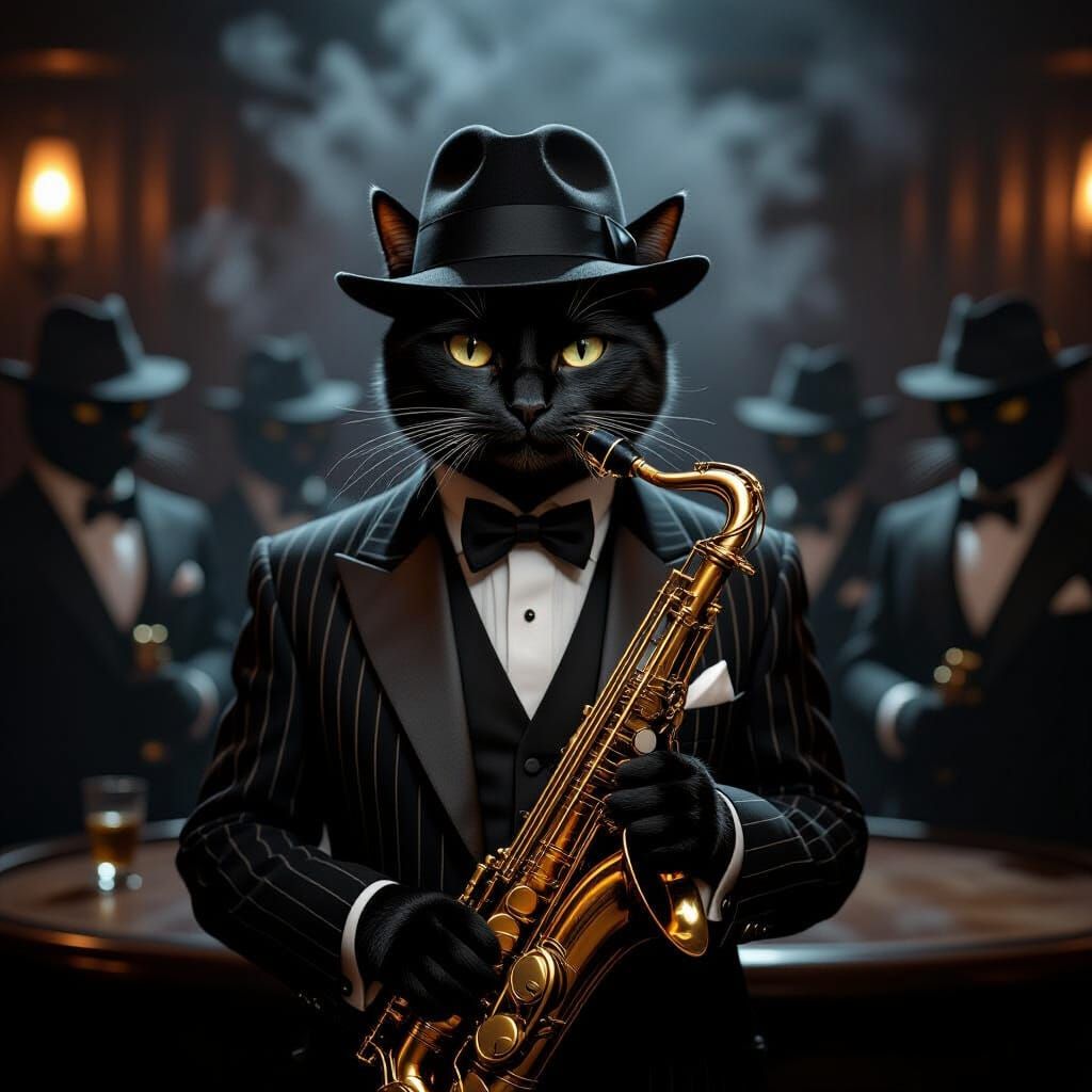 Tuxedo Cat Musician in 1940s Film Noir Style