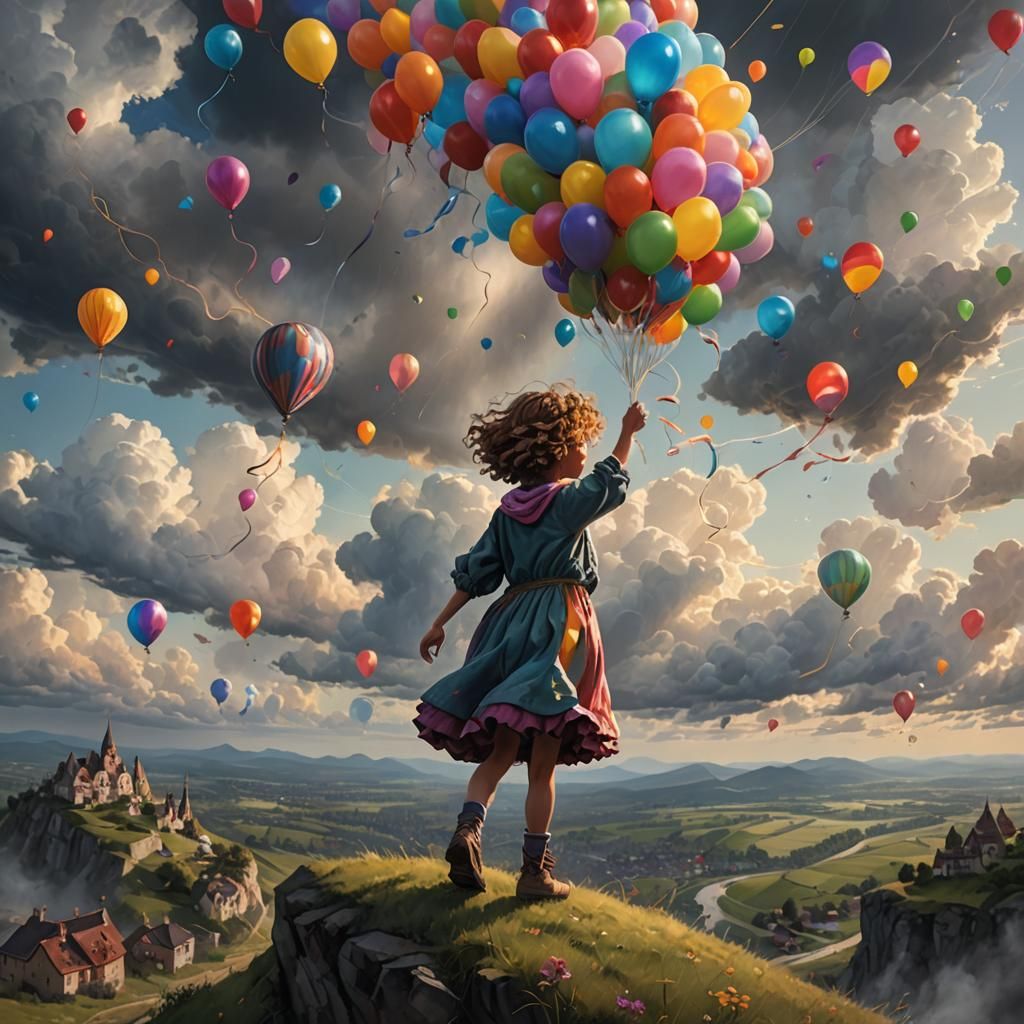 Vibrant Girl Releases Colorful Balloons into the Stormy Sky...