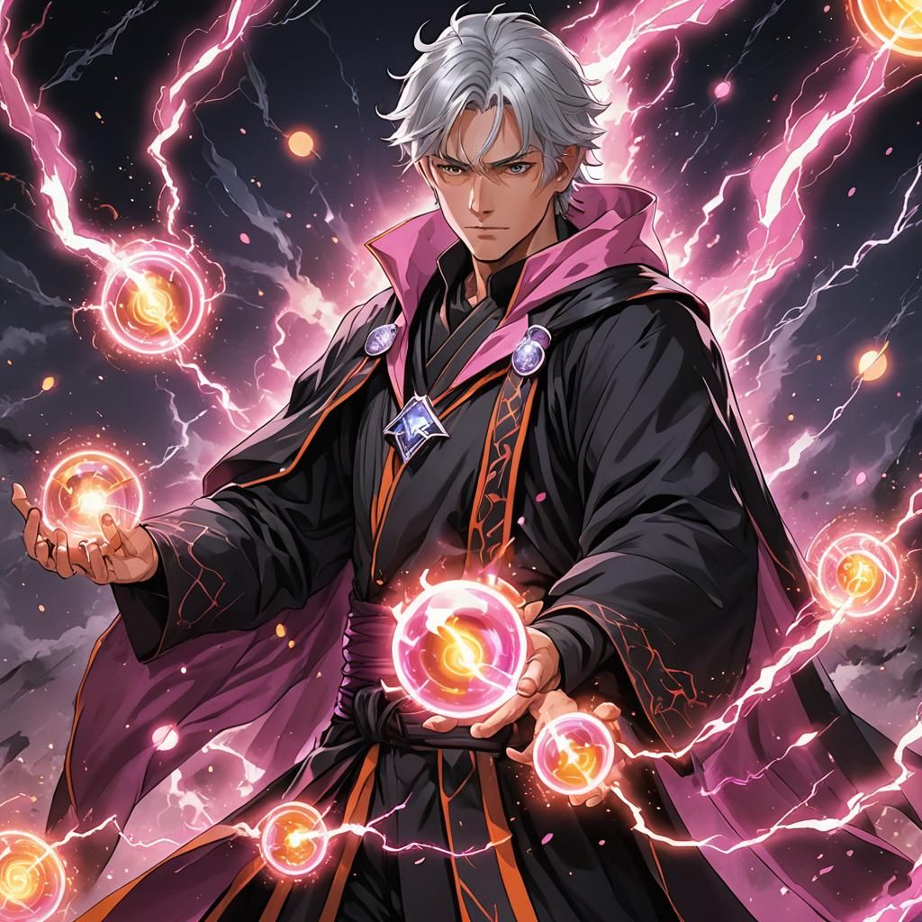 Anime Wizard Casting Lightning Magic in Cel-Shaded Style