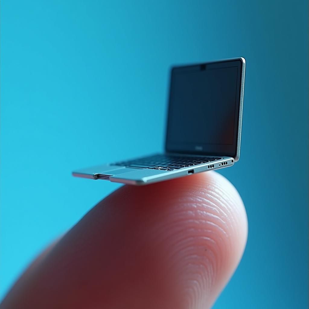 Miniature Laptop on Finger Tip: Hyperrealistic Macro