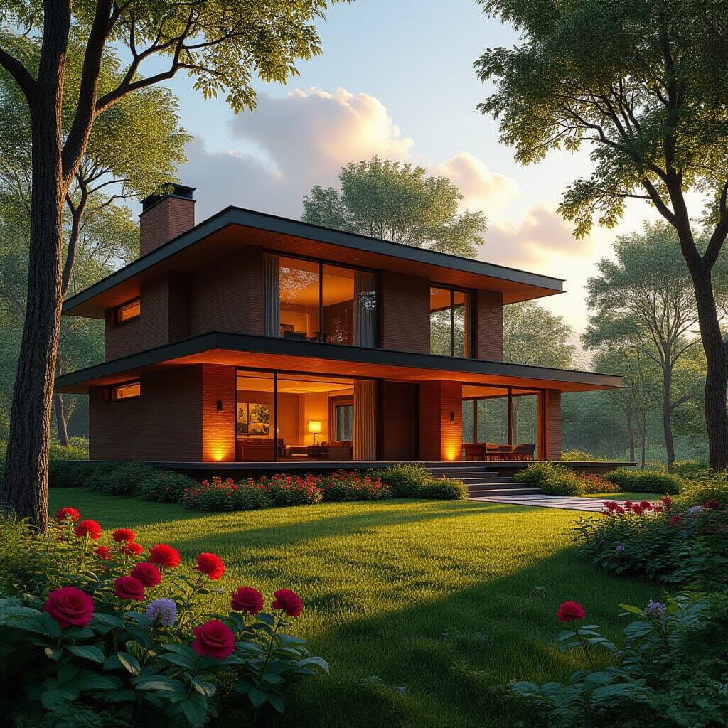 Modern Brick House in Lush Landscape
