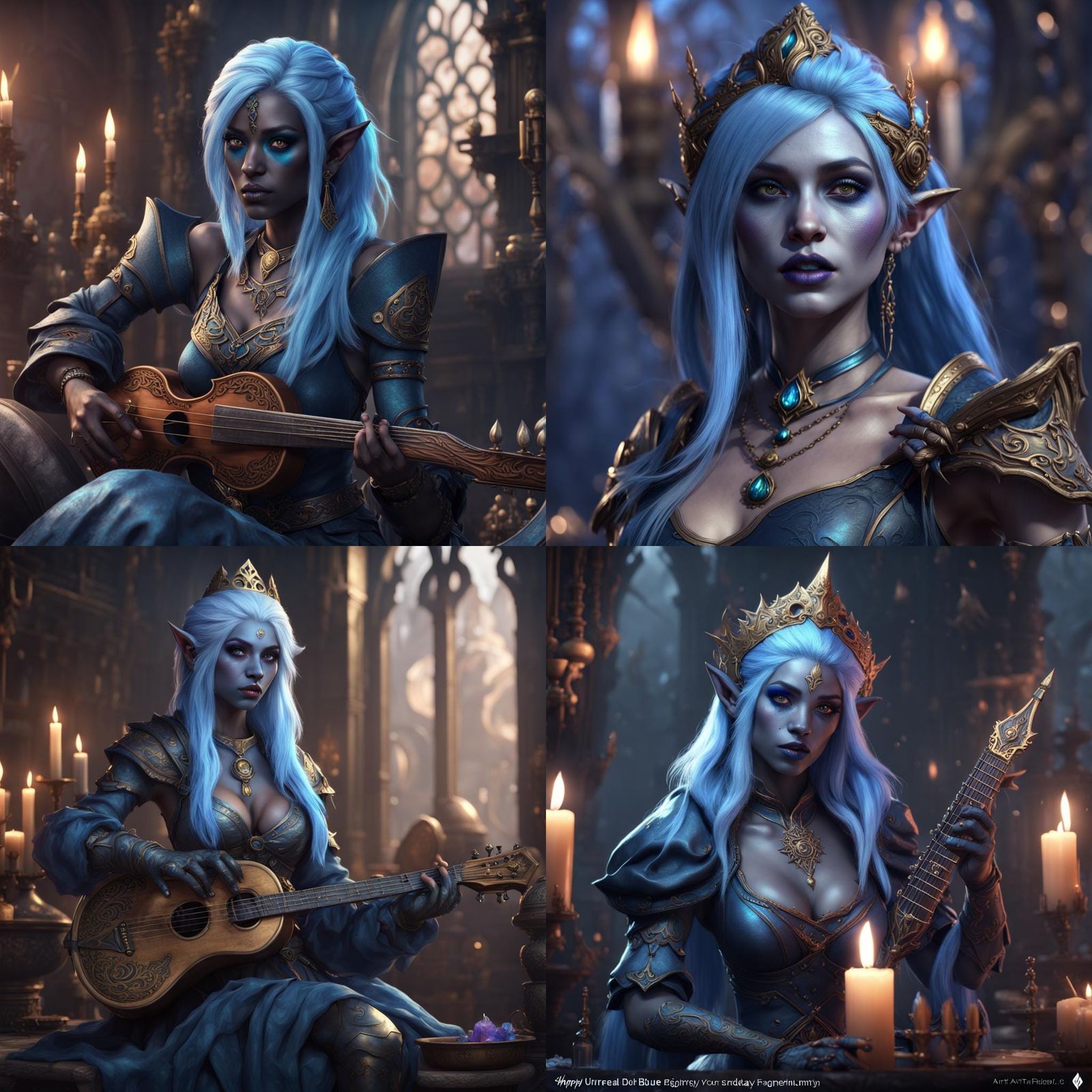 Fantasy Drow Bard with Blue Hair, Detailed Art
