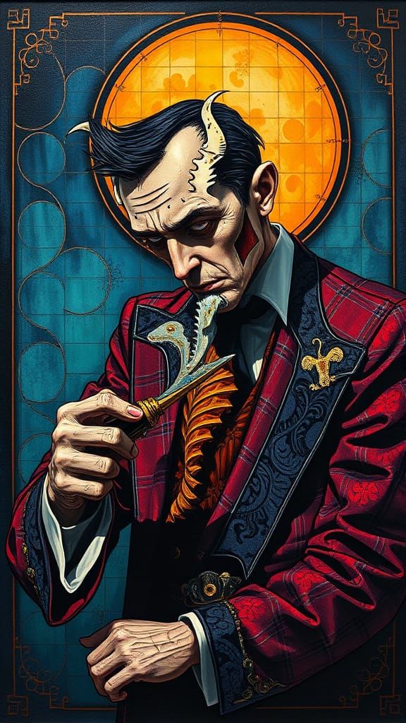 Man Being Sawed in Half Tim Burton contrasting colors deep color art deco poster art brocade filigree oil on canvas quil...