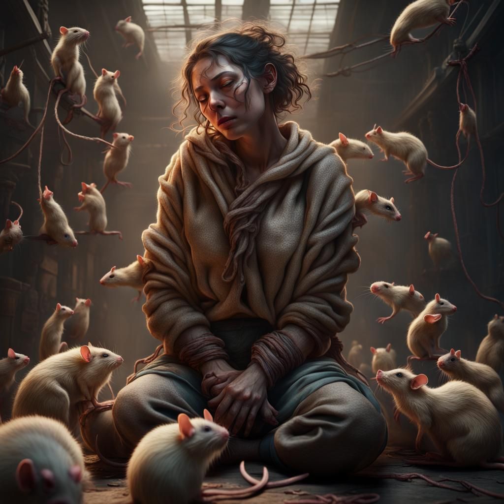 Woman in Potato Sack Surrounded by Rats