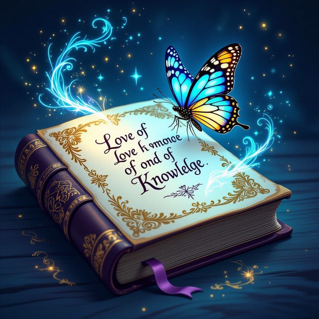 Magic Book With Bioluminescent Butterfly and Love Quote