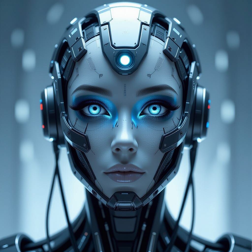 Futuristic Robot Head with Glowing Blue Eyes