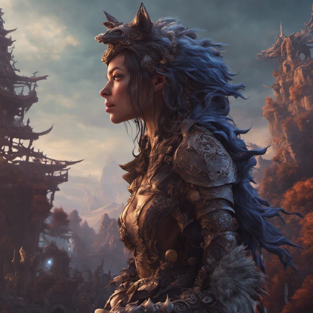 Detailed Wolfgirl Matte Painting in Deep Color