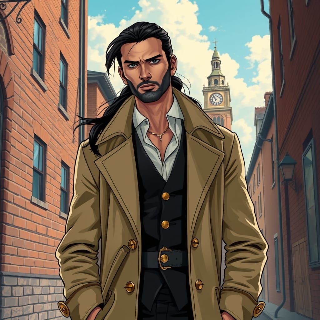 Steampunk Detective in Vintage Alleyway