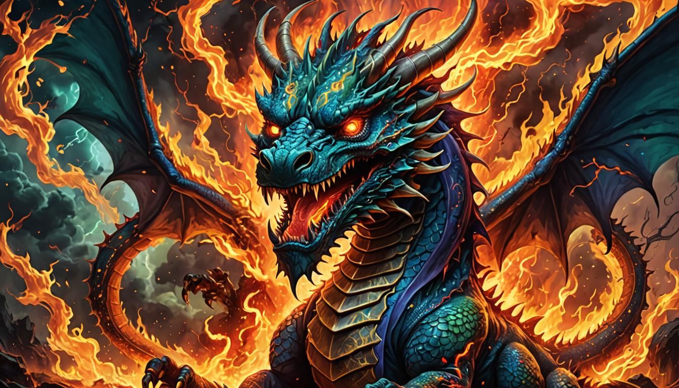 Psychedelic Dragon in Fire and Lightning